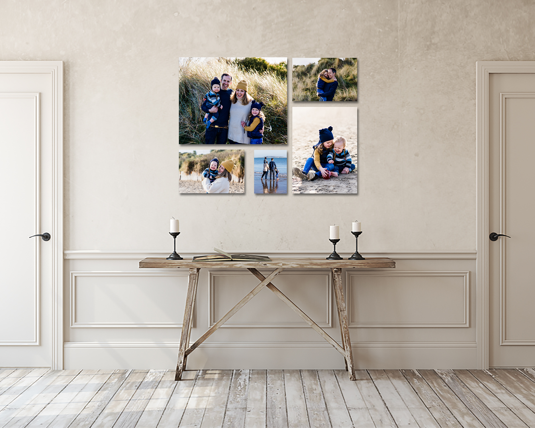 Family wall gallery of birch wood photo blocks on display